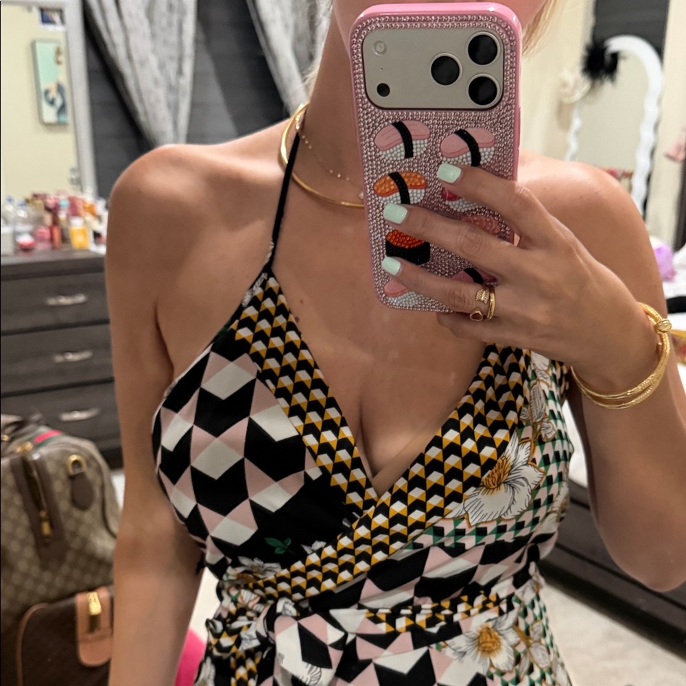 Bar III Black, Pink and Cream Geometric & Floral Maxi Dress